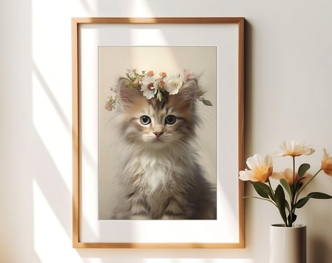 Fluffy Kitten Wearing Flower Crown Soft Portrait Cute Cat Poster