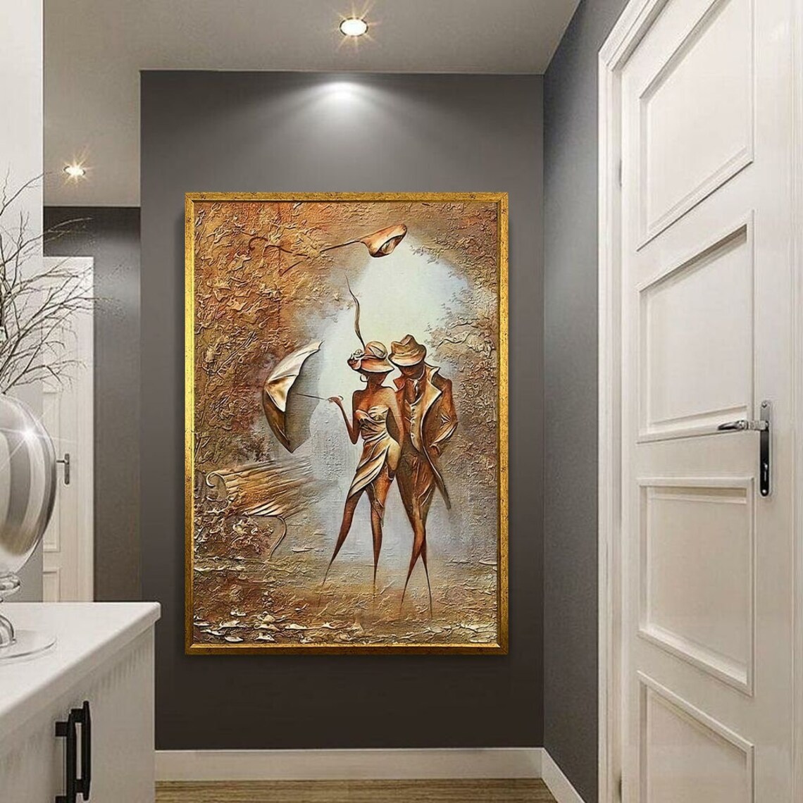 Golden Abstract Couple Walking With Umbrella Textured Oil Paint Poster