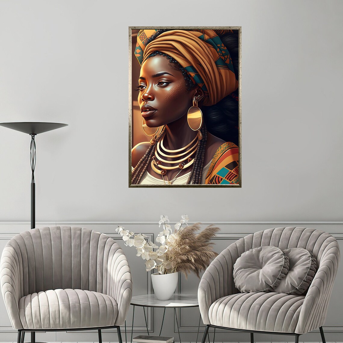 African Woman Gold Headwrap Jewelry Elegant Portrait Wall Art Poster