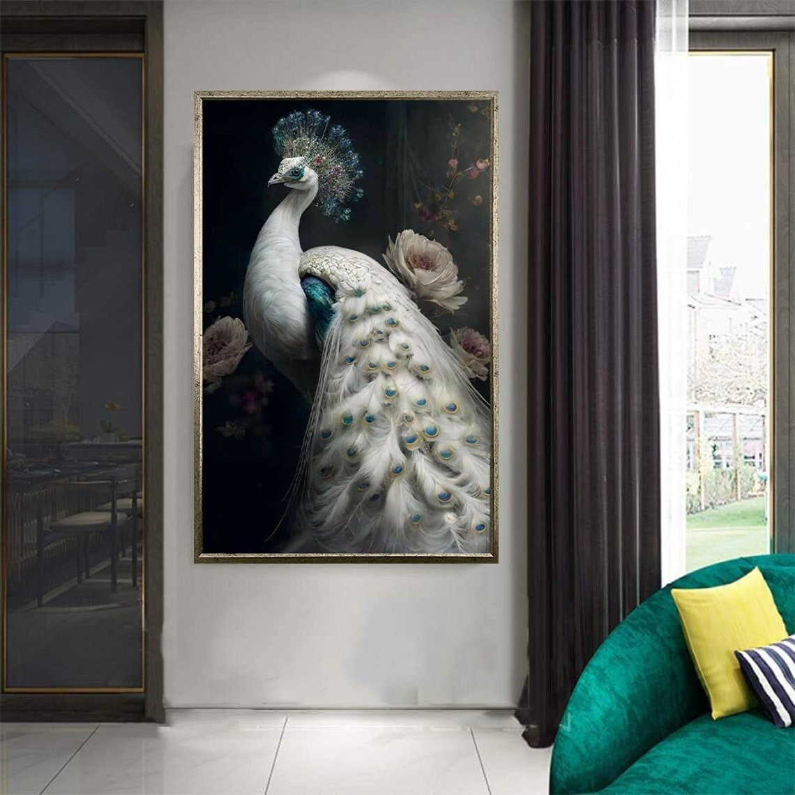 White Peacock Dark Elegant Floral Exotic Bird Portrait Wall Art Print