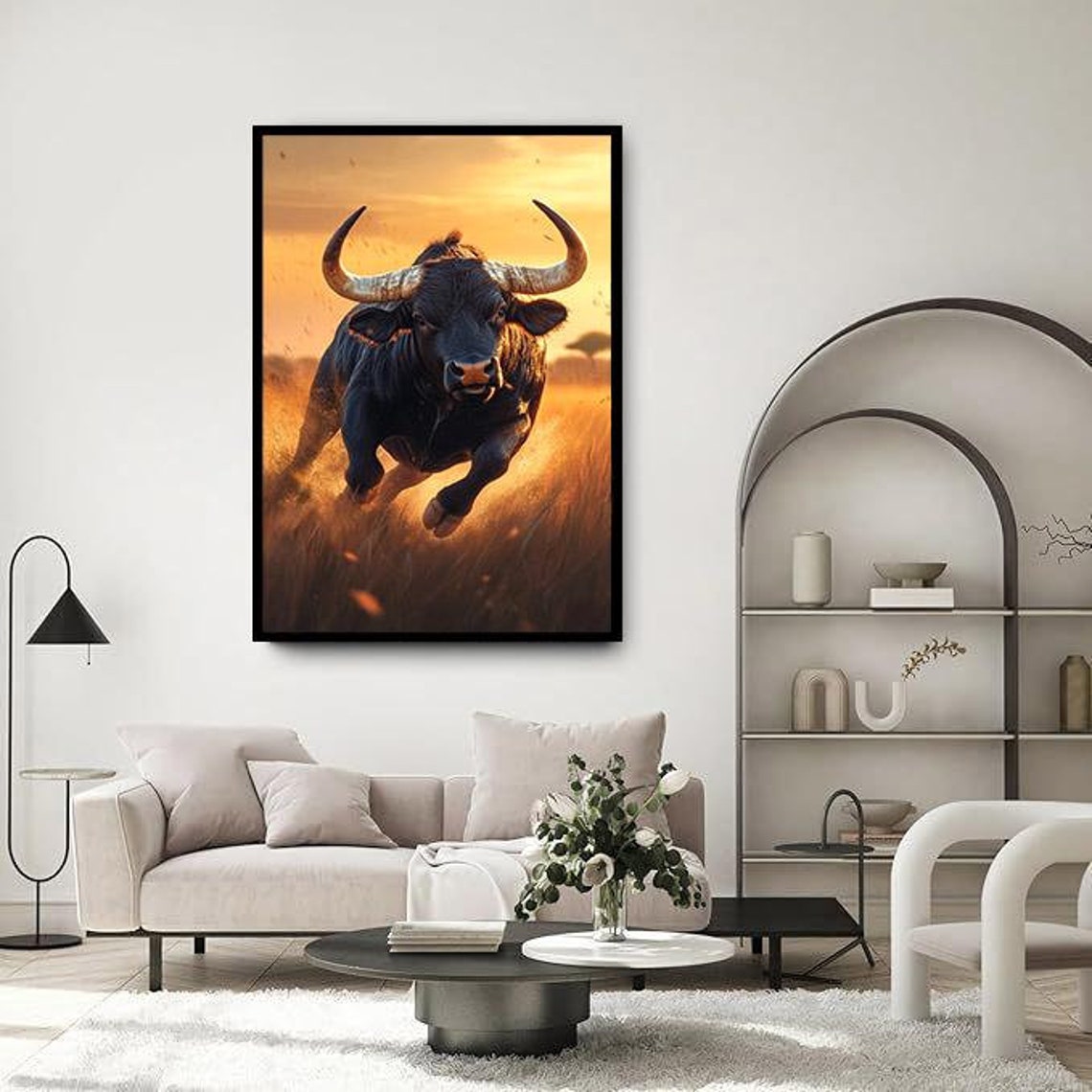 Charging Black Bull Sunset Savanna Powerful Wildlife Wall Art Poster