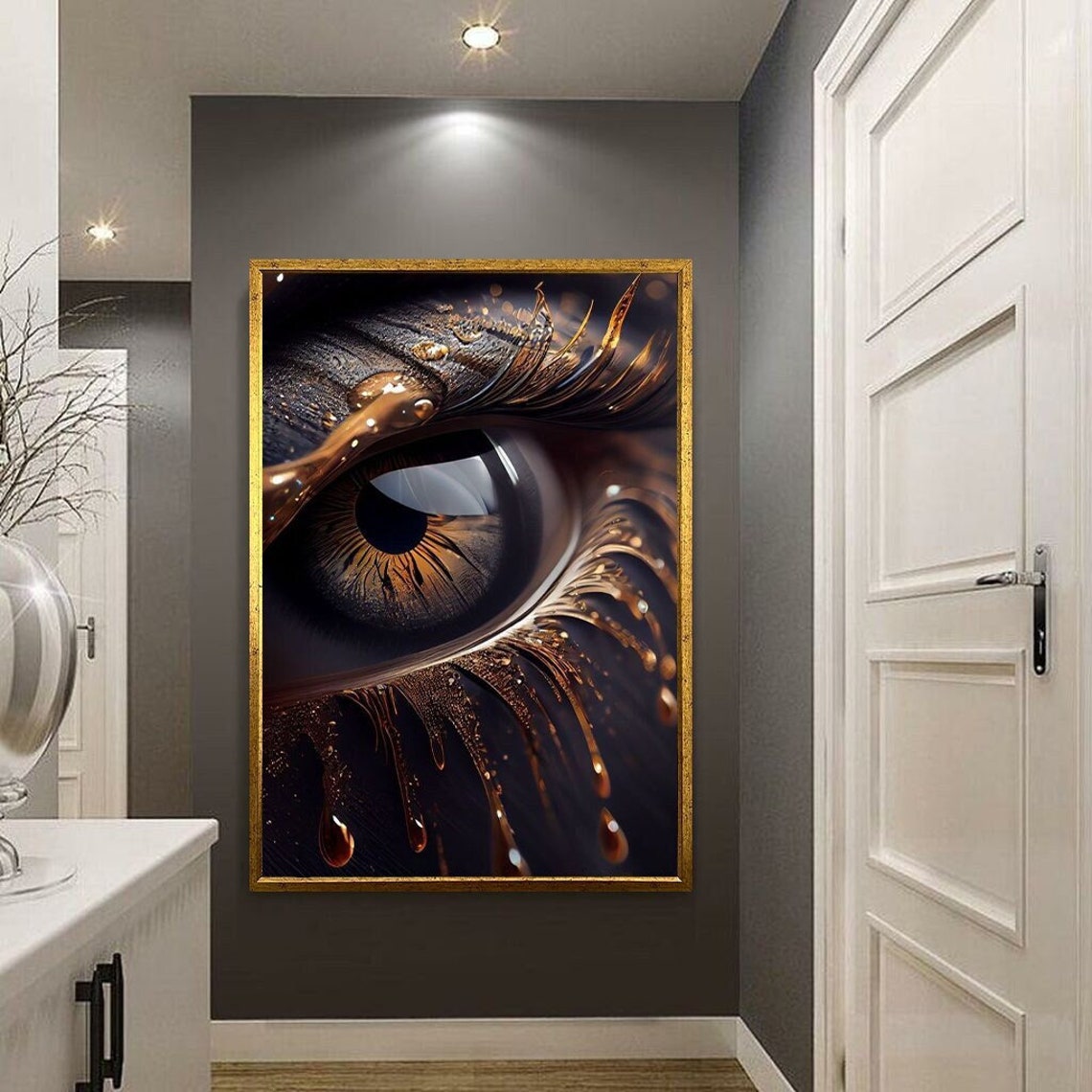 Macro Eye Copper Paint Drips Gold Detail Surreal Abstract Wall Art