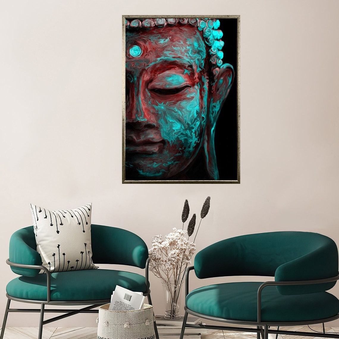 Buddha Face Teal Crimson Marble Swirl Abstract Spiritual Poster
