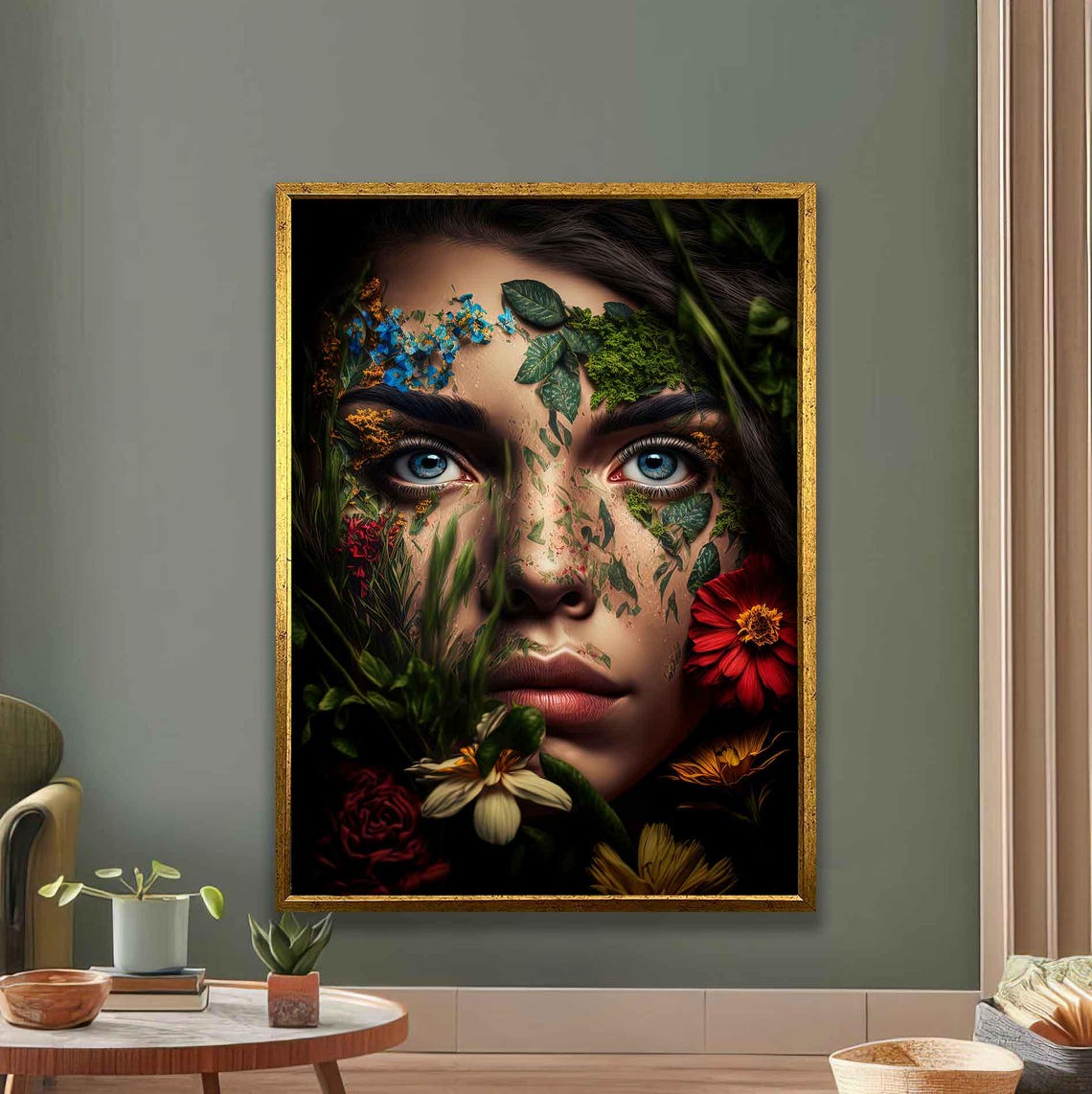 Nature Goddess Floral Face Surreal Botanical Fantasy Portrait Poster
