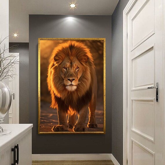 Lion Walking Forward Golden Light Powerful King Of Beasts Art Poster