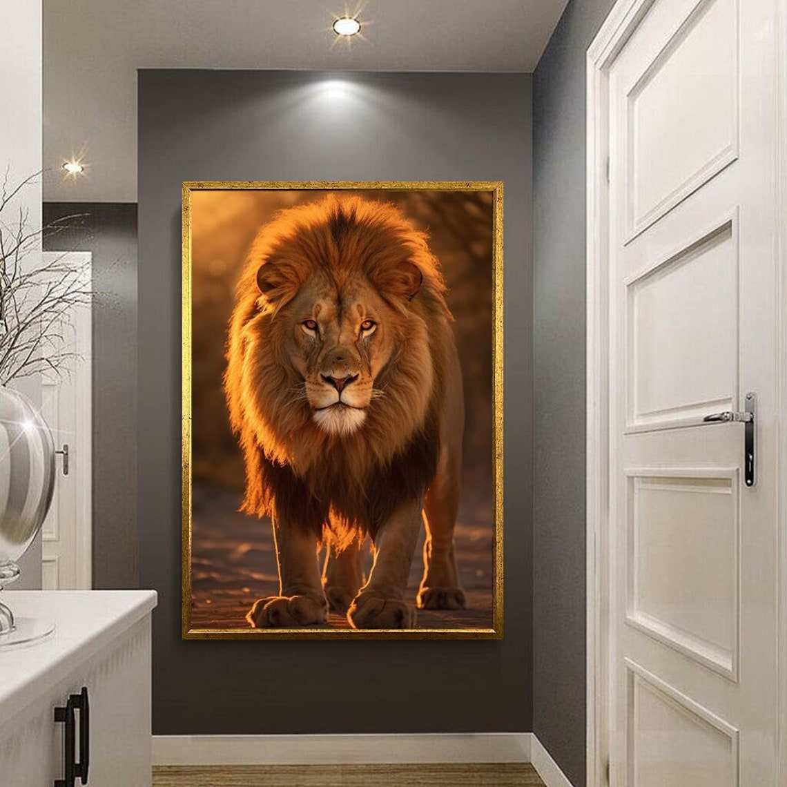 Lion Walking Forward Golden Light Powerful King Of Beasts Art Poster