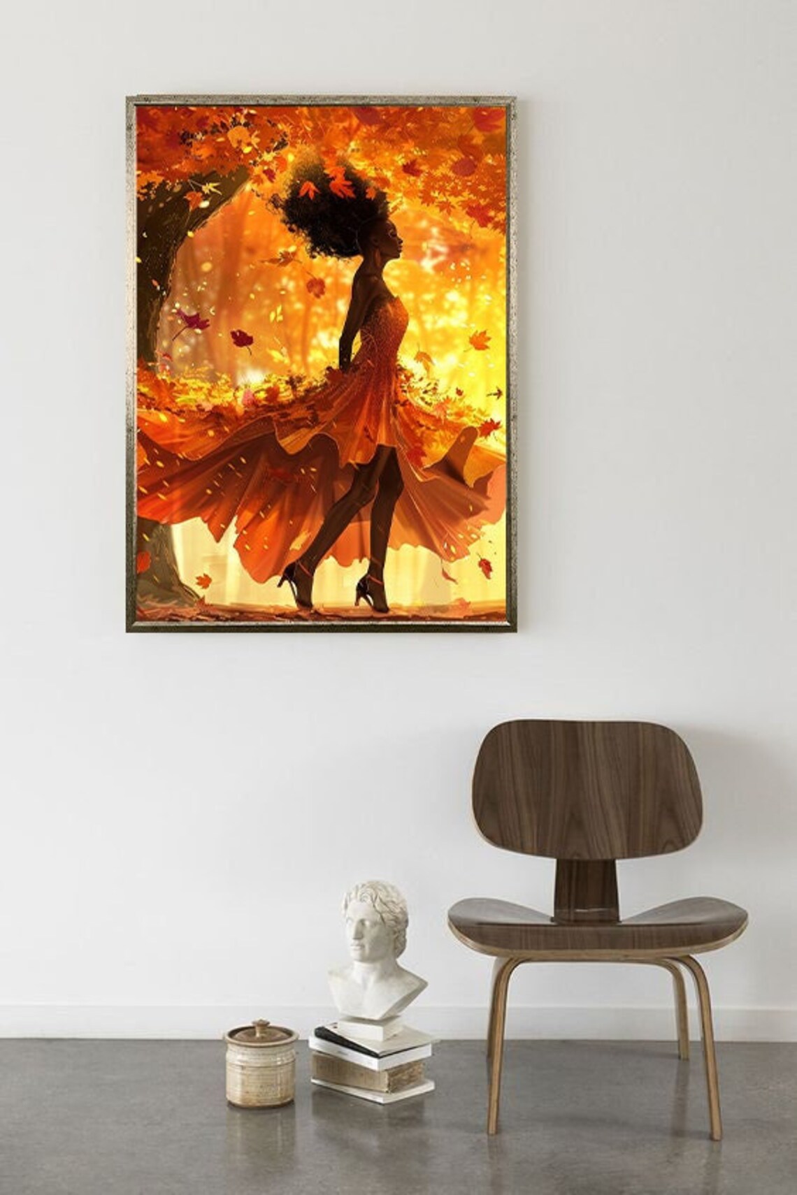Autumn Woman Red Dress Falling Leaves Seasonal Fashion Art Poster