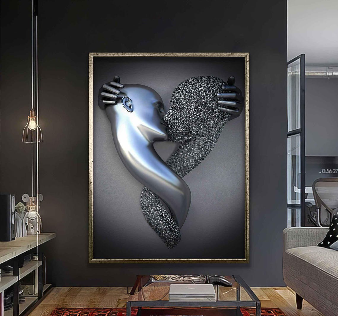 Futuristic Metallic Lovers Kiss Chrome Abstract Modern Romance Poster