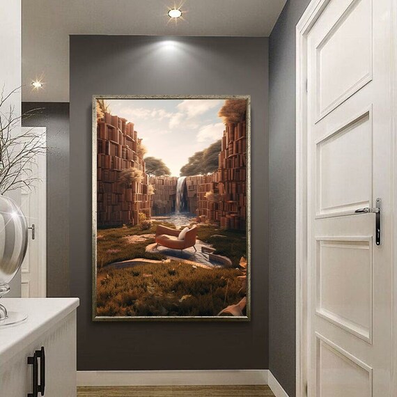 Surreal Library Canyon Landscape Waterfall Reading Room Fantasy Poster