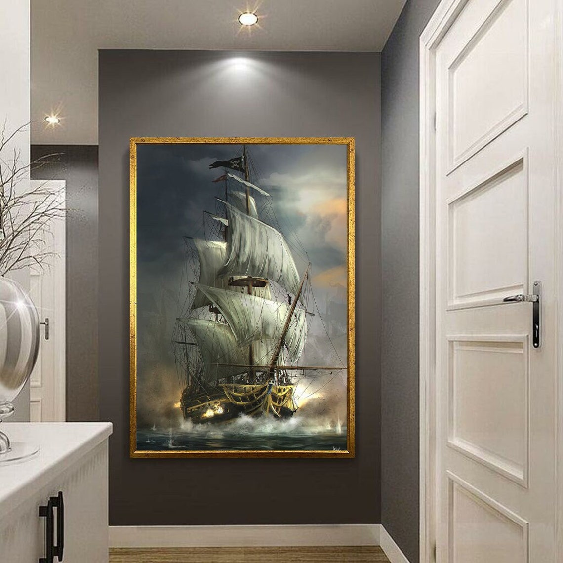 Pirate Ship Stormy Sea Sailing Vessel Epic Ocean Battle Art Poster