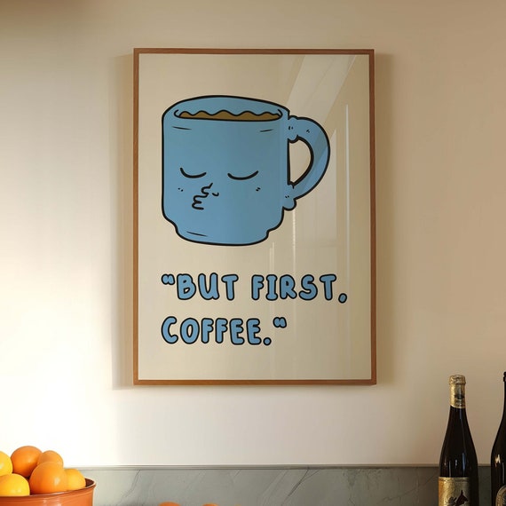 Retro Coffee Wall Art Print Cute Coffee Quote Poster Trendy Blue Kitchen Decor Coffee Art Vintage Home Decor