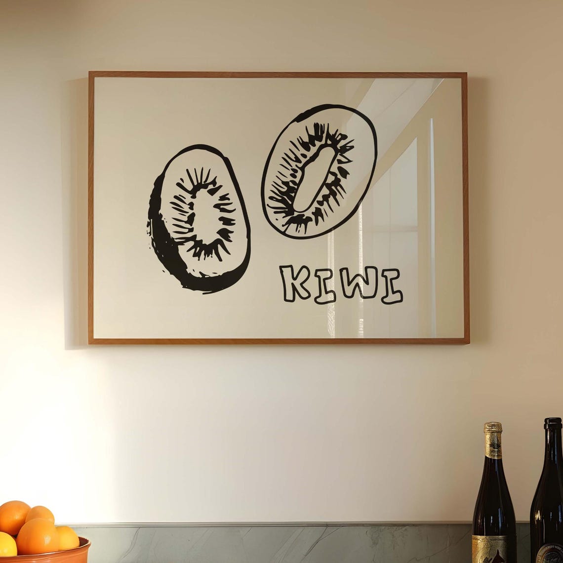Minimalist Kiwi Fruit Line Drawing Black Ink Kitchen Wall Poster