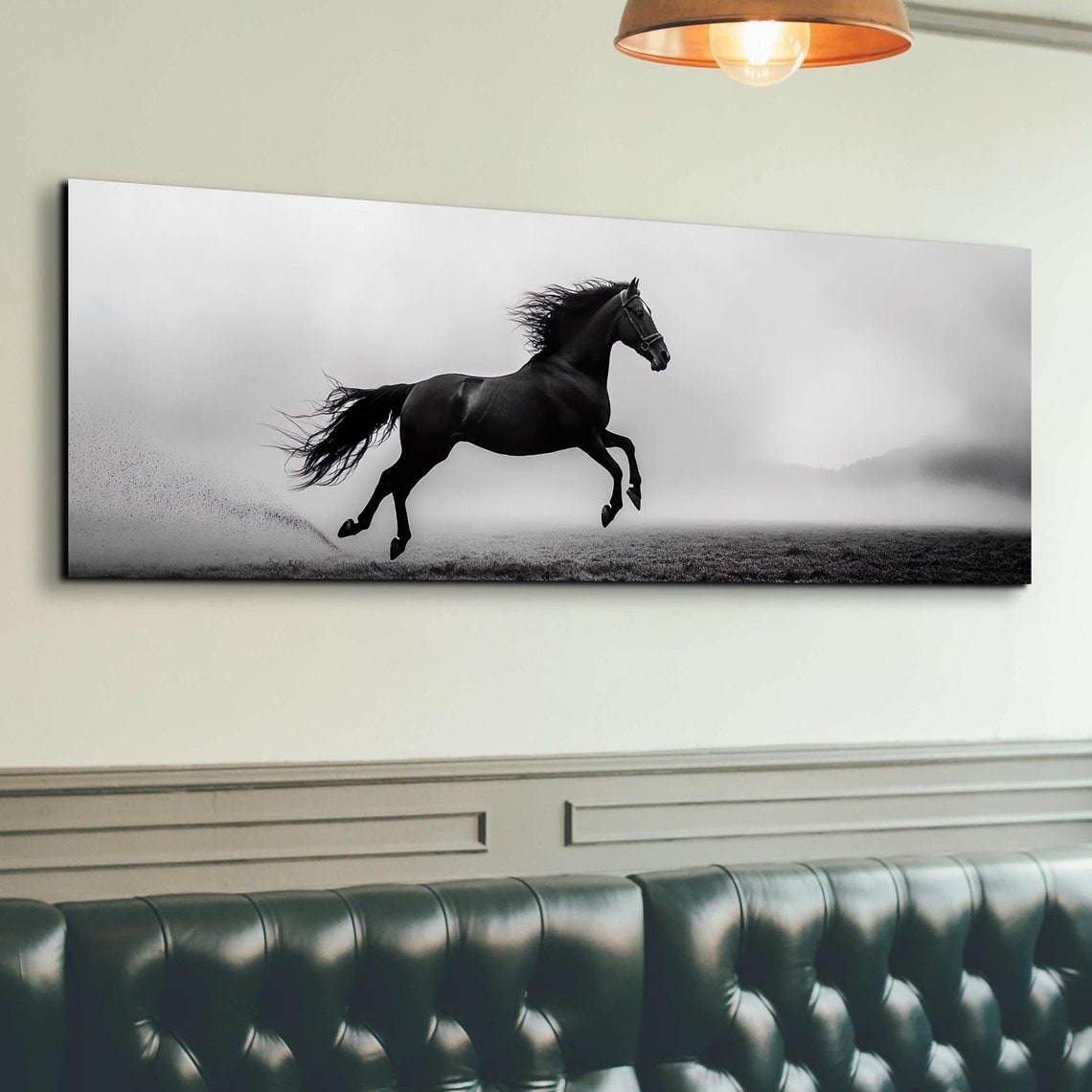 Black Horse Galloping Monochrome Misty Field Dramatic Art Poster