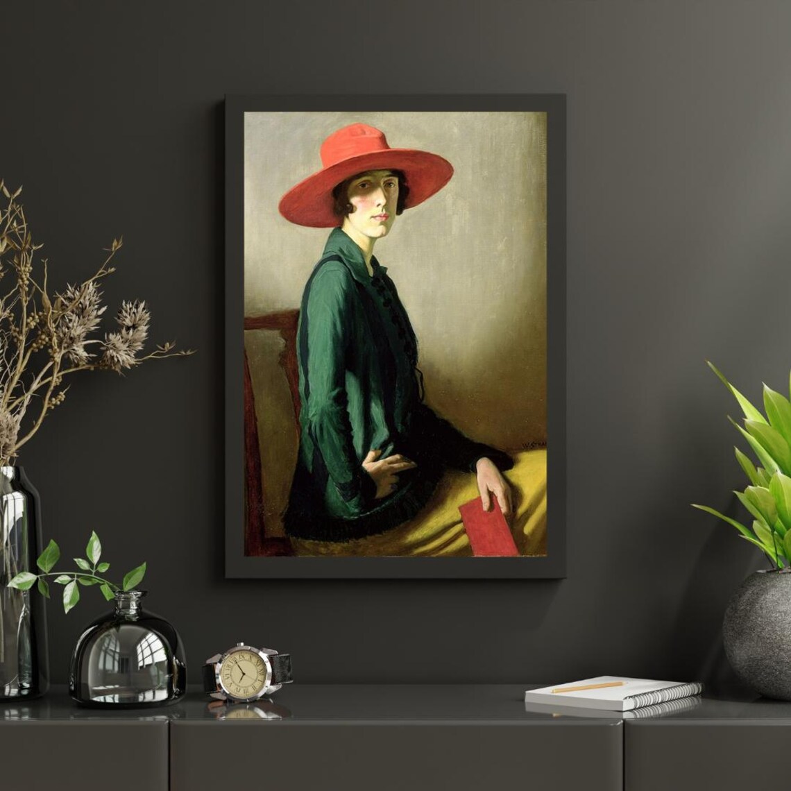 Elegant Vintage Woman in a Red Hat and Green Coat Portrait Poster - Image 2