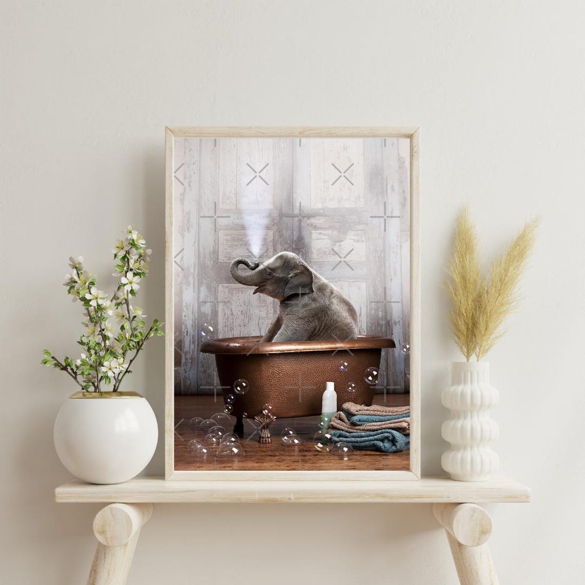 Baby Elephant Copper Bathtub Bubbles Cute Bathroom Scene Poster - Image 5