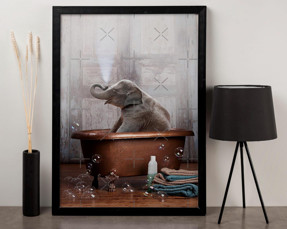Baby Elephant In Vintage Copper Bathtub With Bubbles Funny Art Poster