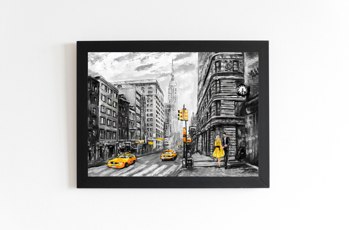 New York City Street With Yellow Taxis Black And White Urban Art Print - Image 3