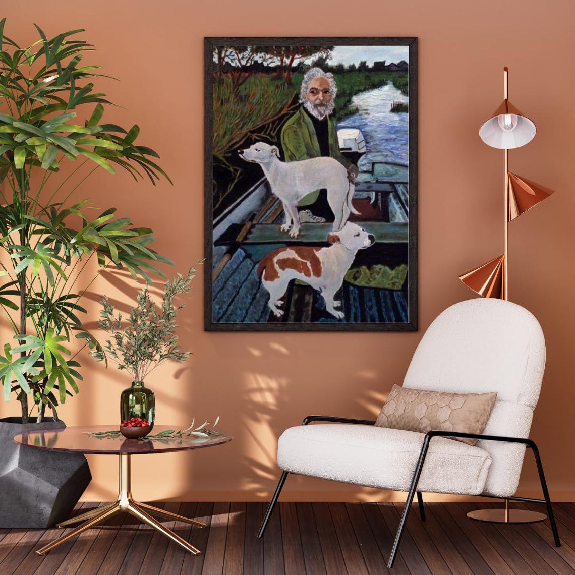 Bearded Old Man With Two Dogs in a Small Boat River Painting Poster - Image 2