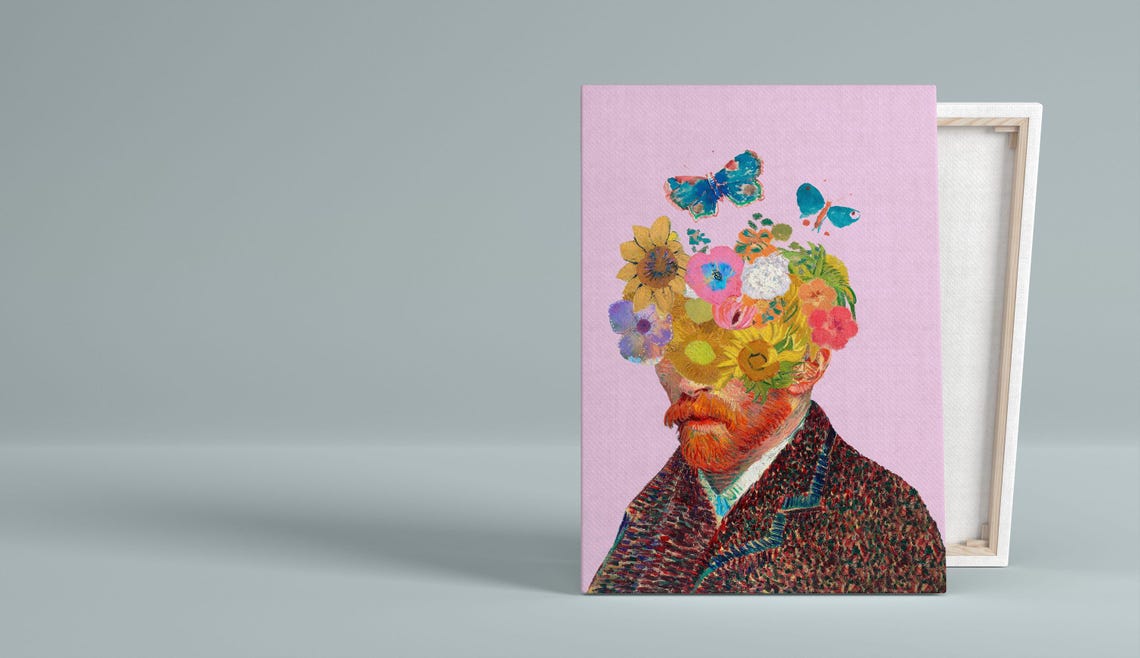 Van Gogh Style Portrait with a Floral Head Collage Art Poster - Image 3