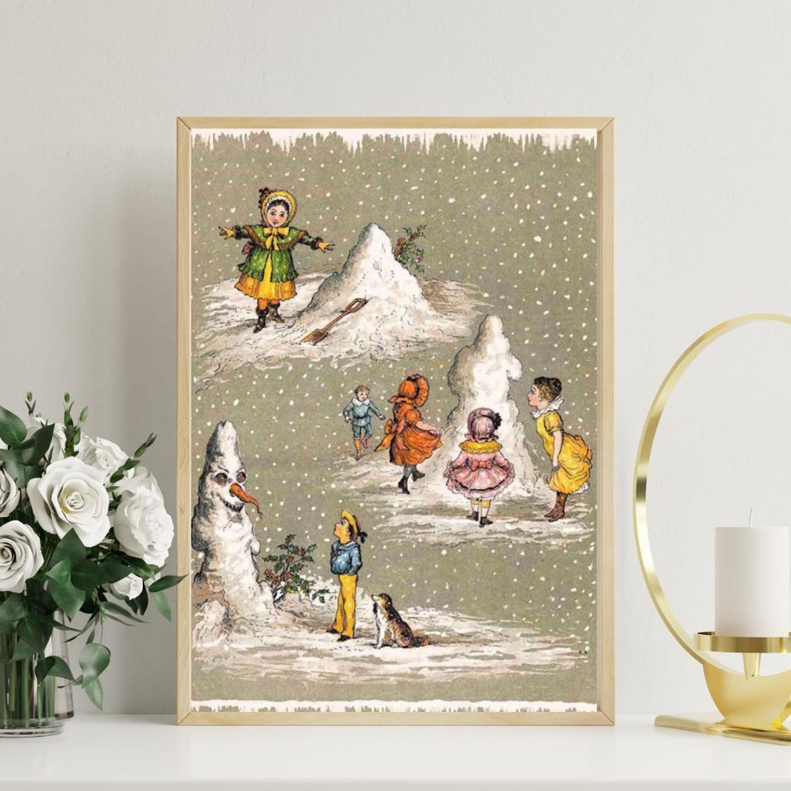 Victorian Children Building Snowmen in the Snow Vintage Winter Poster - Image 4