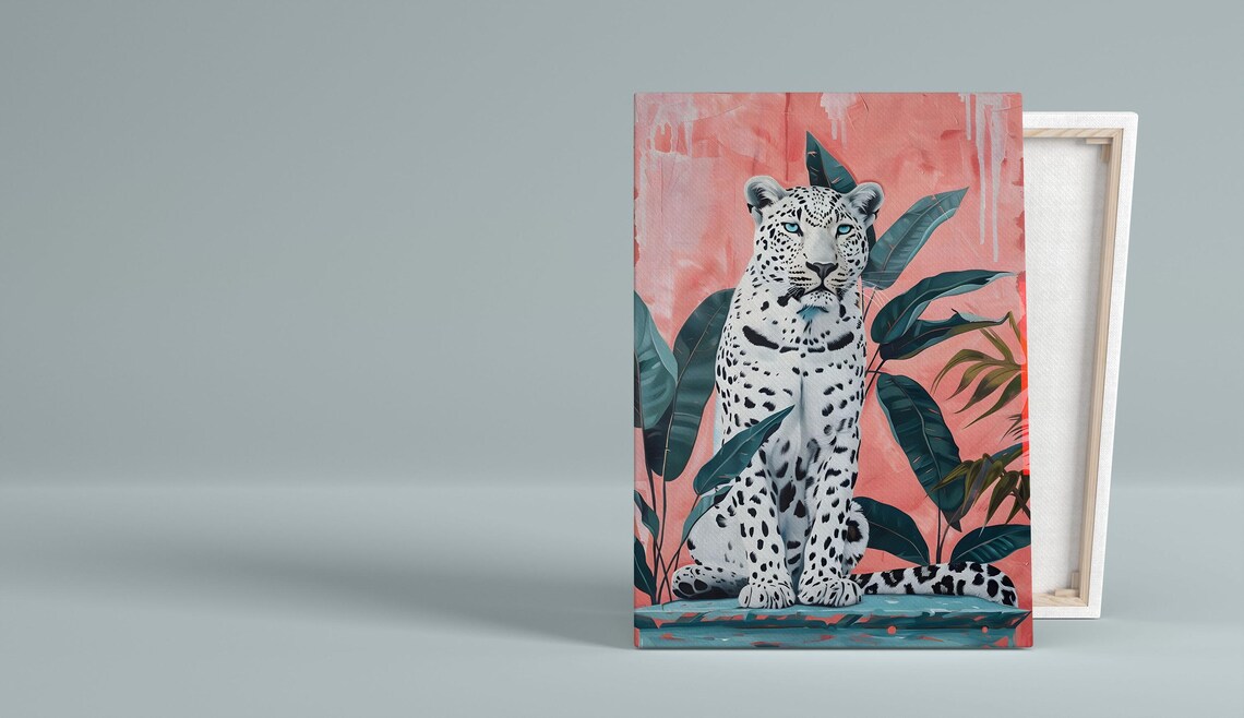 White Snow Leopard Among Tropical Leaves On Coral Pink Background Poster - Image 5