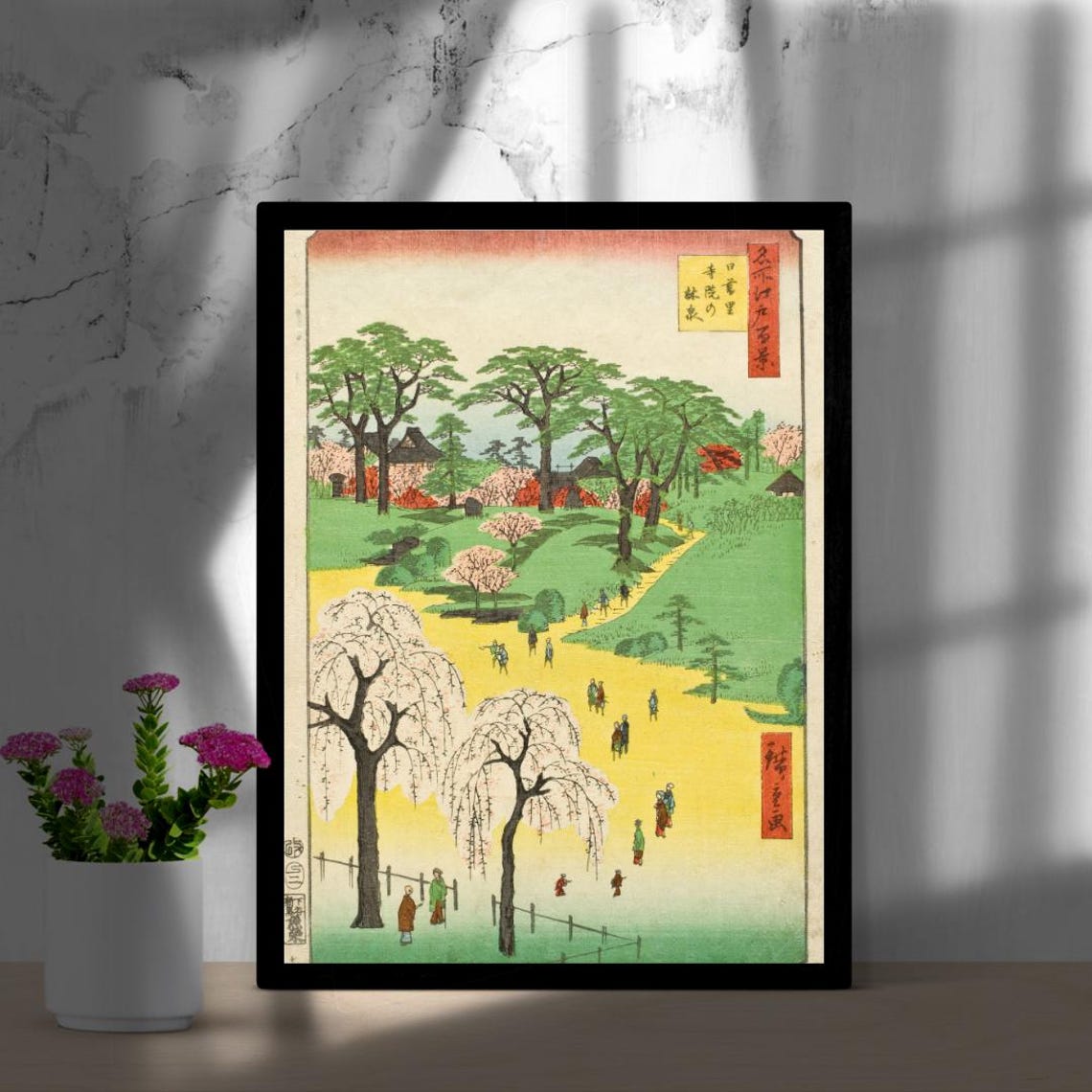 Japanese Ukiyo E Cherry Blossom Park Landscape Woodblock Poster - Image 2