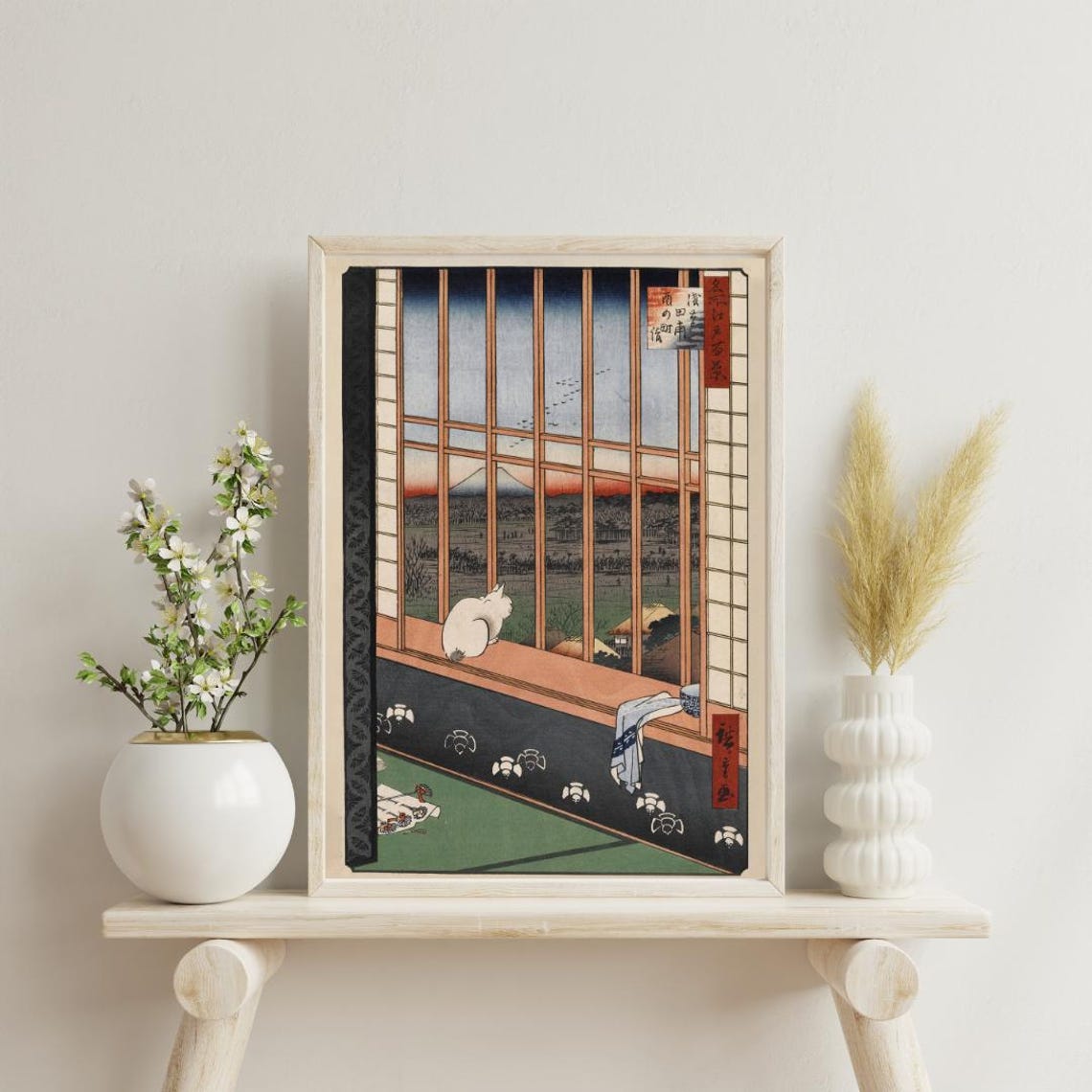 Japanese White Cat Window Mt Fuji Woodblock Style Scene Poster