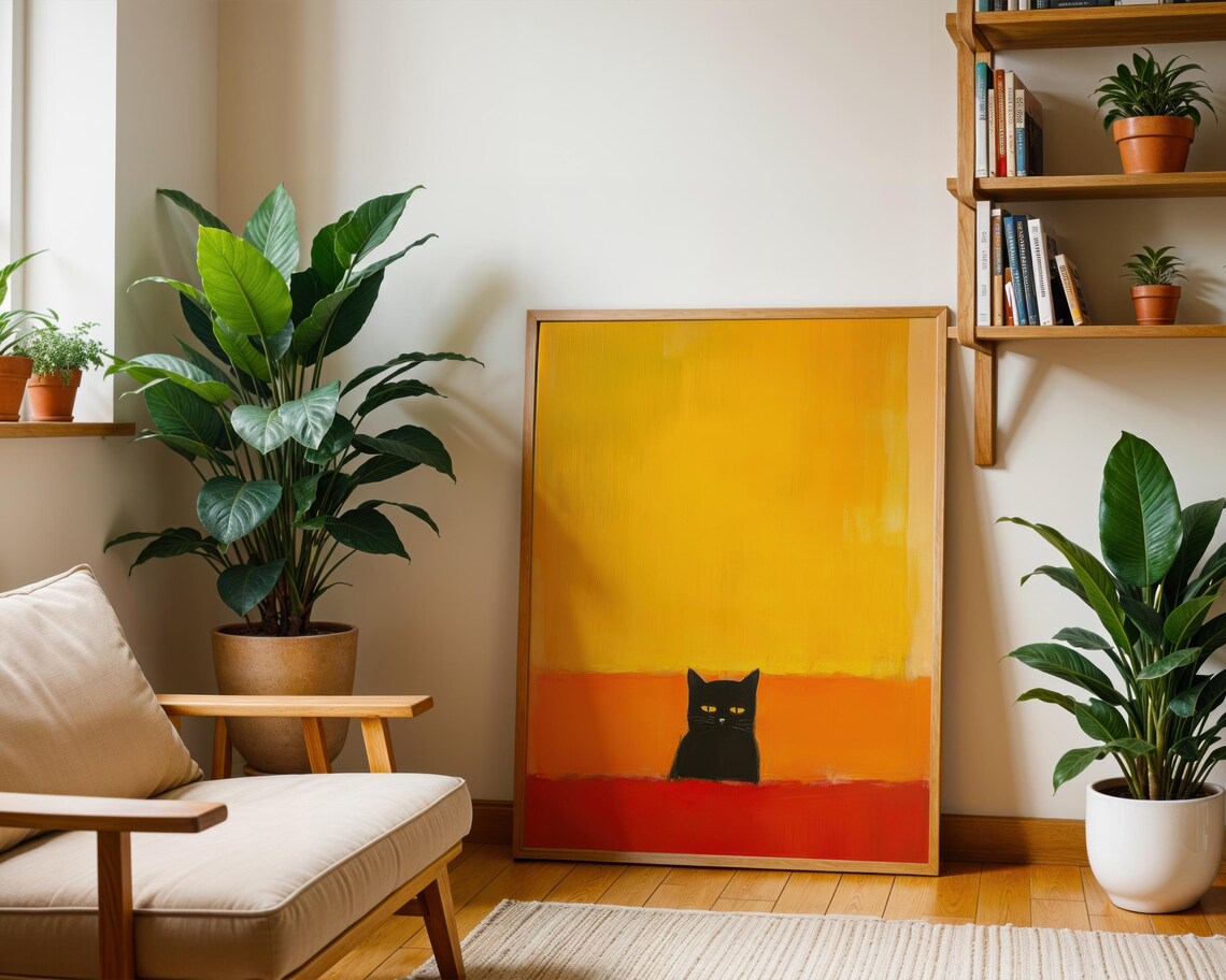 Black Cat with Yellow Eyes on Abstract Sunset Color Block Poster - Image 2