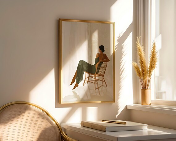 Woman In Silk Dress Sitting On Rattan Chair Sunlit Minimalist Interior Art Print