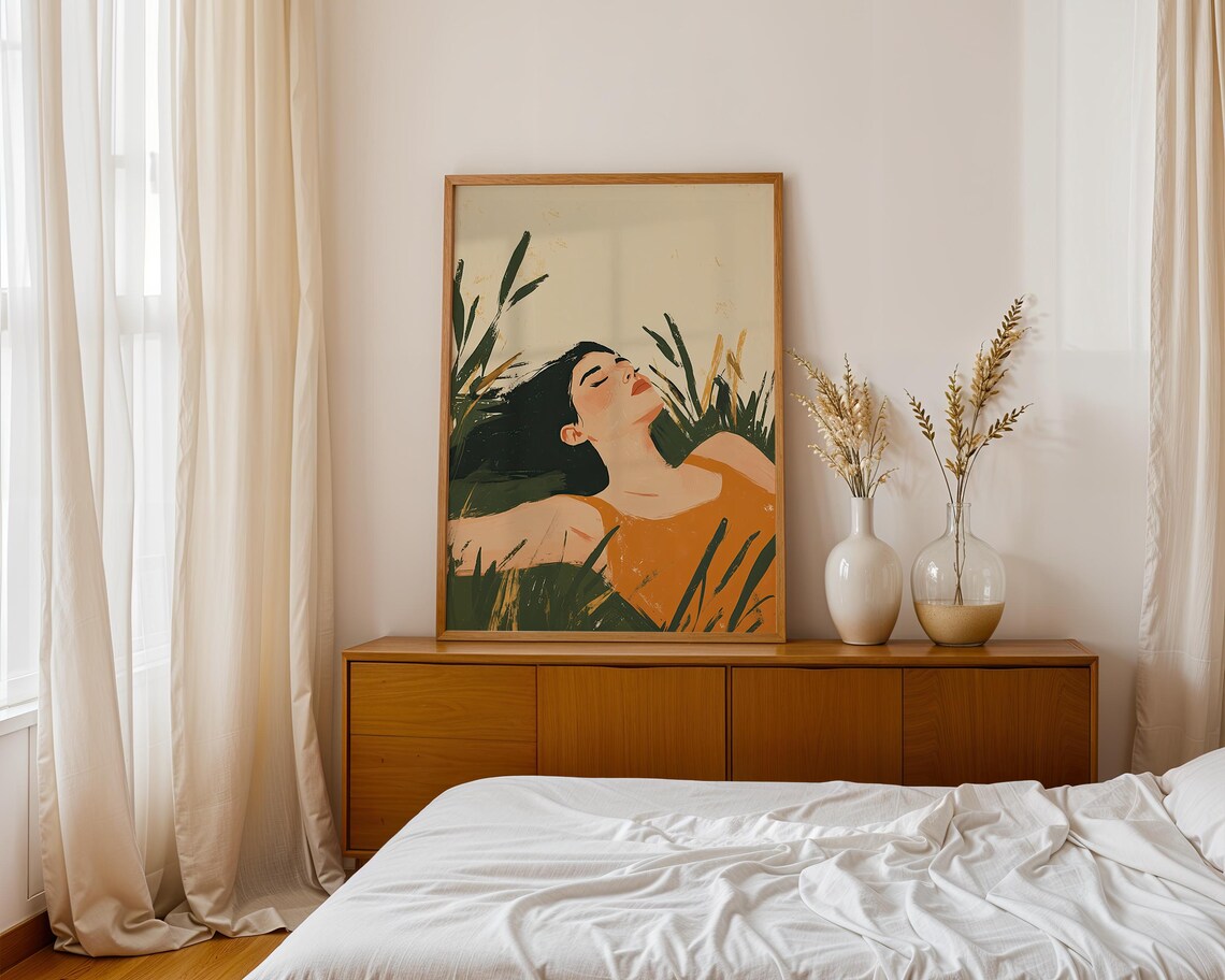Abstract People Large Wall Art Sunlit Relaxation Orange Woman Minimalist Print Elegant For Contemporary Home Decor - Image 3