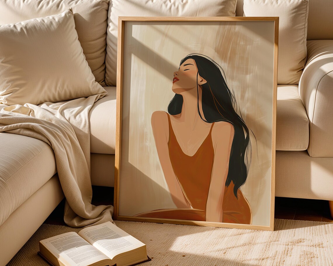 Woman In Brick Red Dress Eyes Closed Minimalist Elegant Contemporary Portrait Poster - Image 5