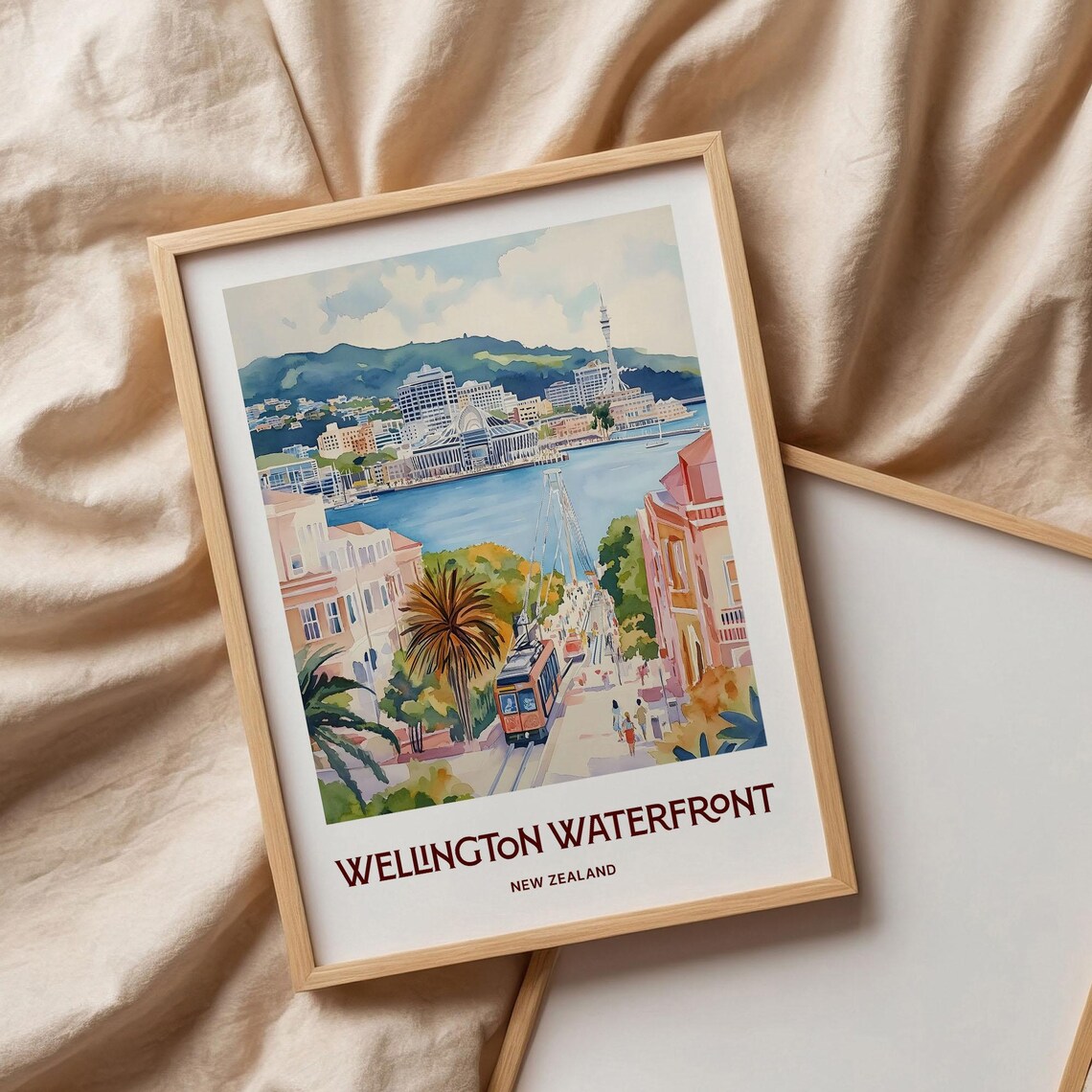 Wellington Waterfront New Zealand Cable Car Harbor Watercolor Travel Poster - Image 3