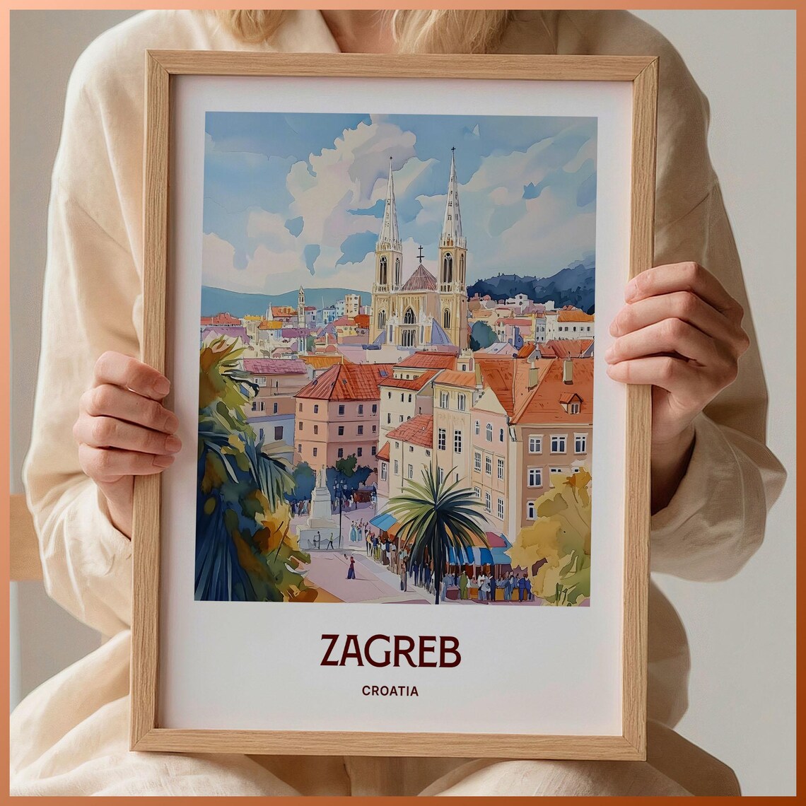 Zagreb Croatia Cathedral Twin Spires Old Town Watercolor Travel Poster