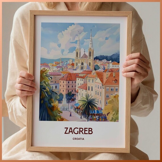 Zagreb Croatia Cathedral Twin Spires Old Town Watercolor Travel Poster