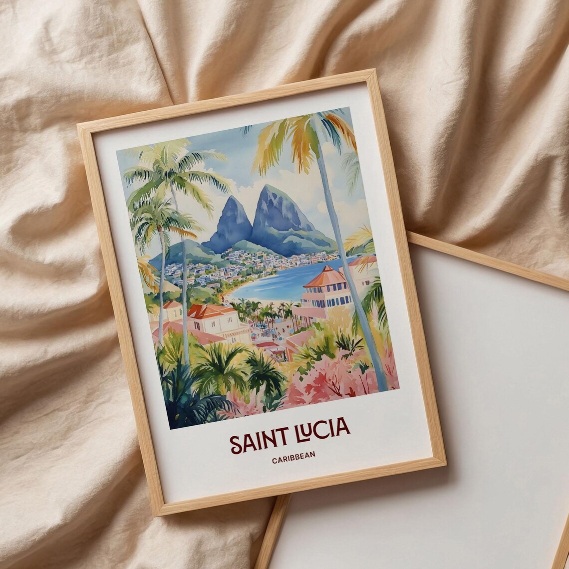 Saint Lucia Caribbean Pitons Beach Palms Watercolor Travel Poster - Image 3