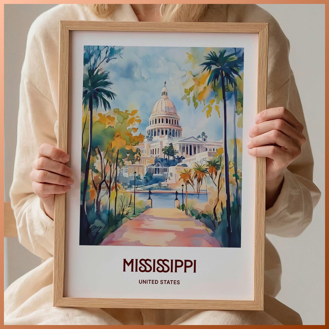 Mississippi State Capitol Dome Palm Trees Watercolor Travel Poster