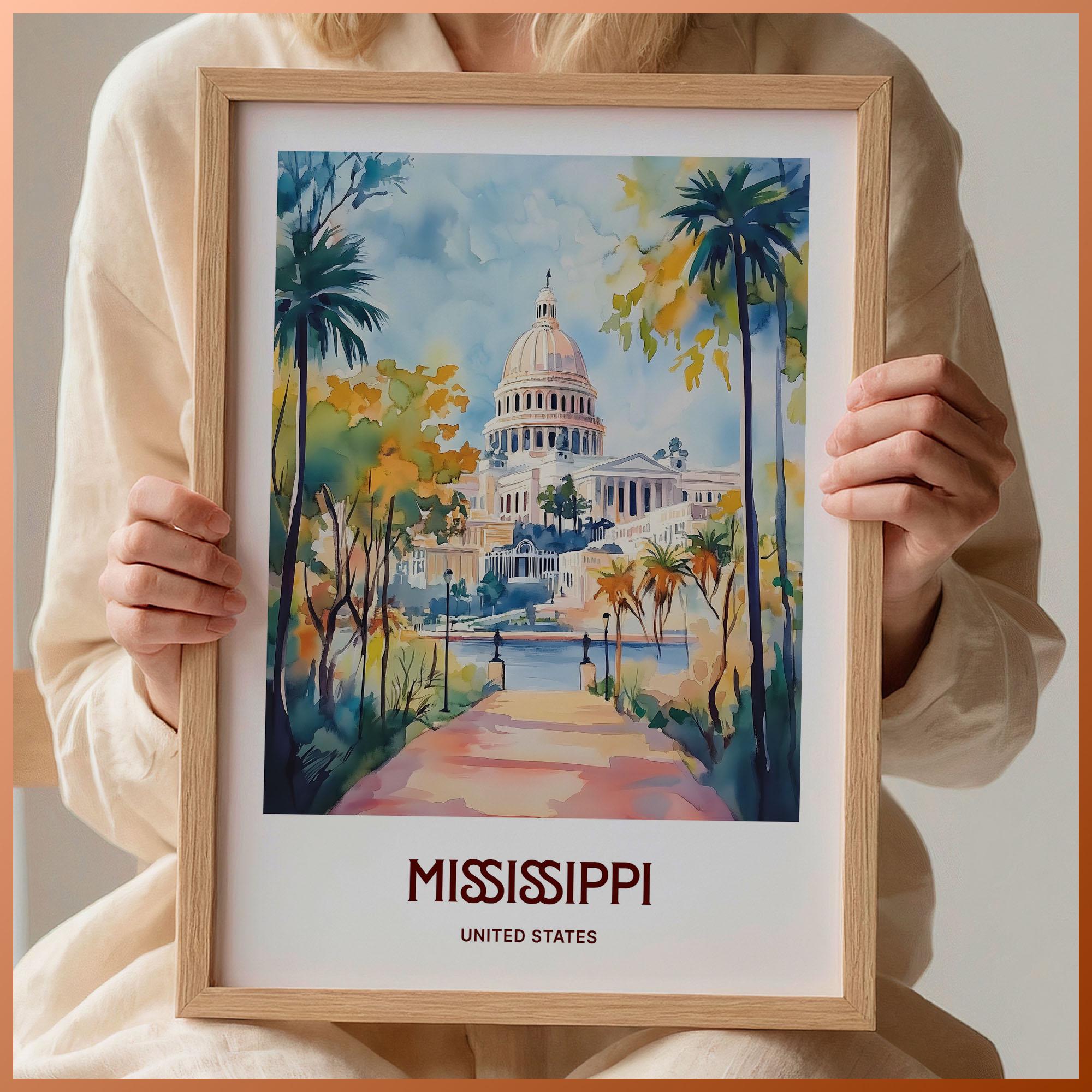 Mississippi State Capitol Dome Palm Trees Watercolor Travel Poster