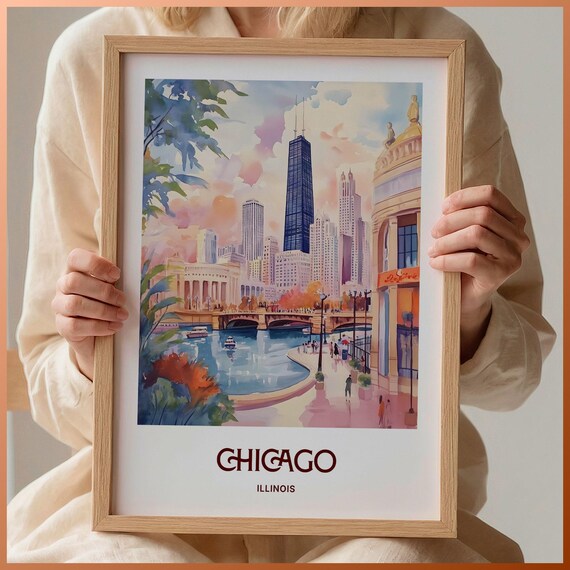 Chicago Illinois River Skyline Watercolor City Travel Poster
