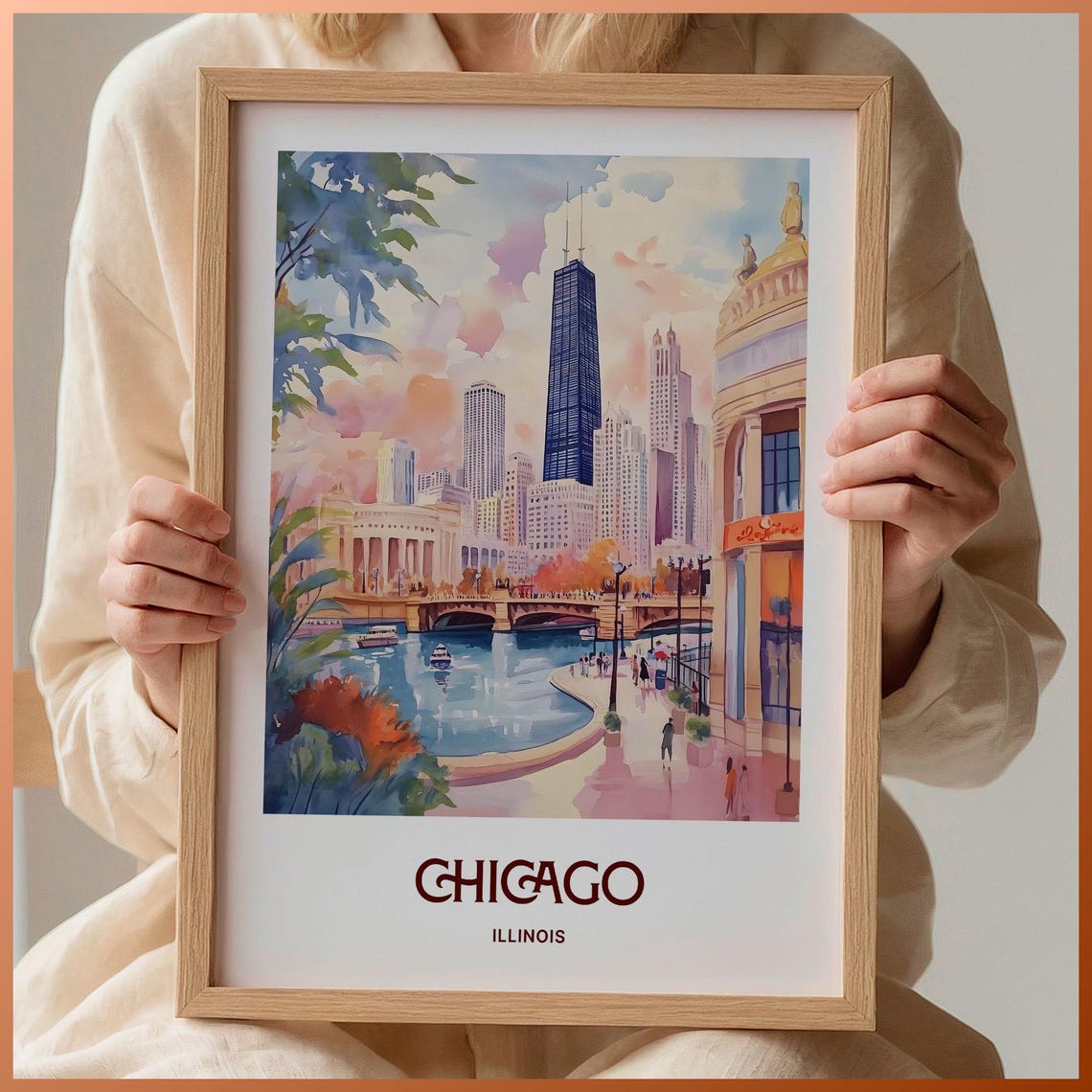 Chicago Illinois River Skyline Watercolor City Travel Poster