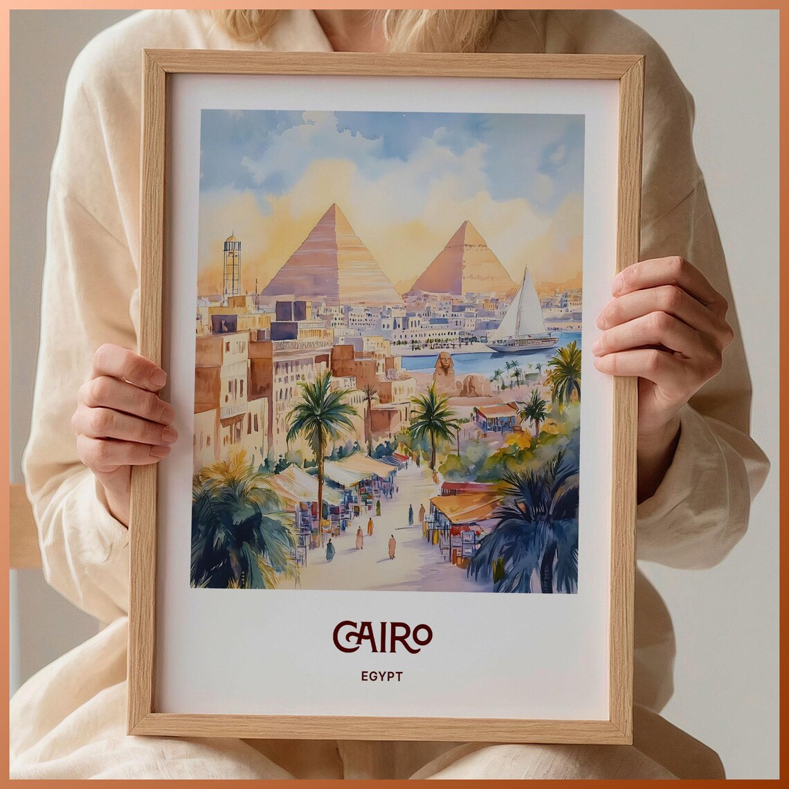 Cairo Egypt Pyramids Nile Felucca Market Watercolor Travel Poster