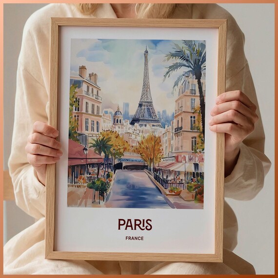 Paris France Eiffel Tower Street Cafe Watercolor Travel Poster