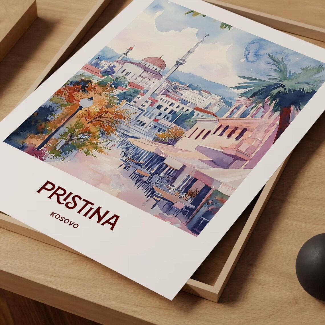Pristina Kosovo Mosque Minaret Cafe Street Watercolor Travel Poster - Image 2