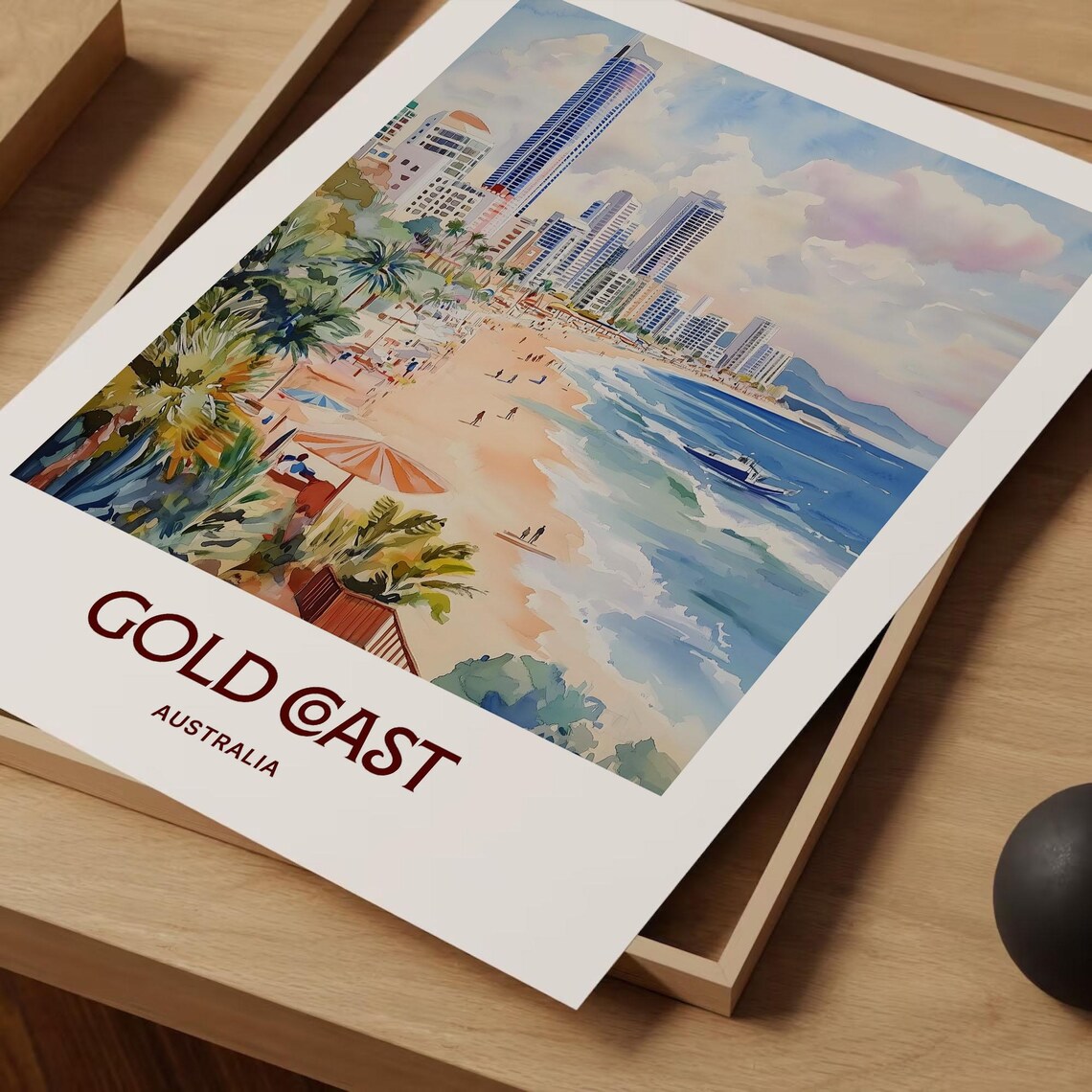 Gold Coast Australia Beach Skyline Surf Watercolor Travel Poster - Image 2