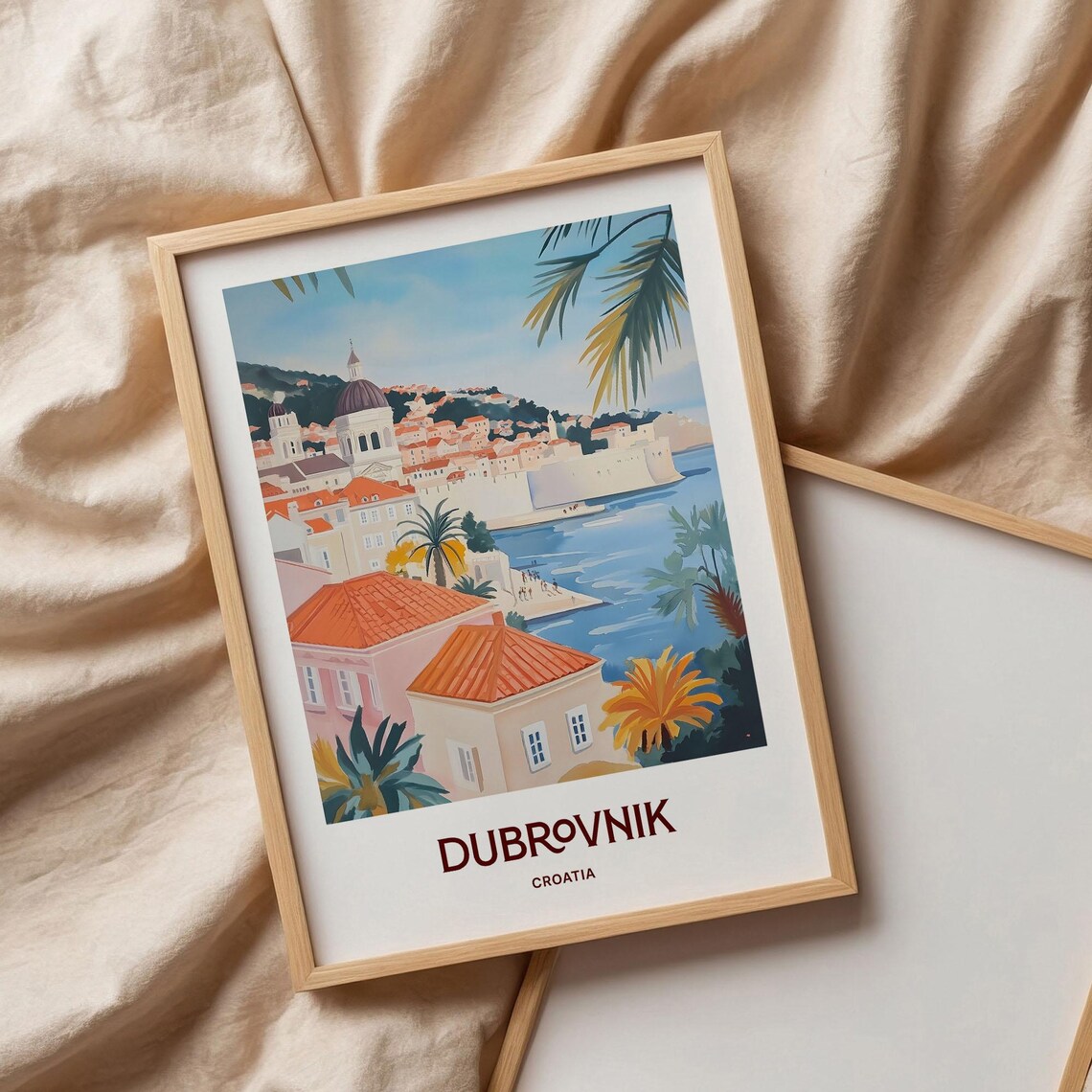 Dubrovnik Croatia Rooftops Cathedral Dome Adriatic Sea Watercolor Travel Poster - Image 3
