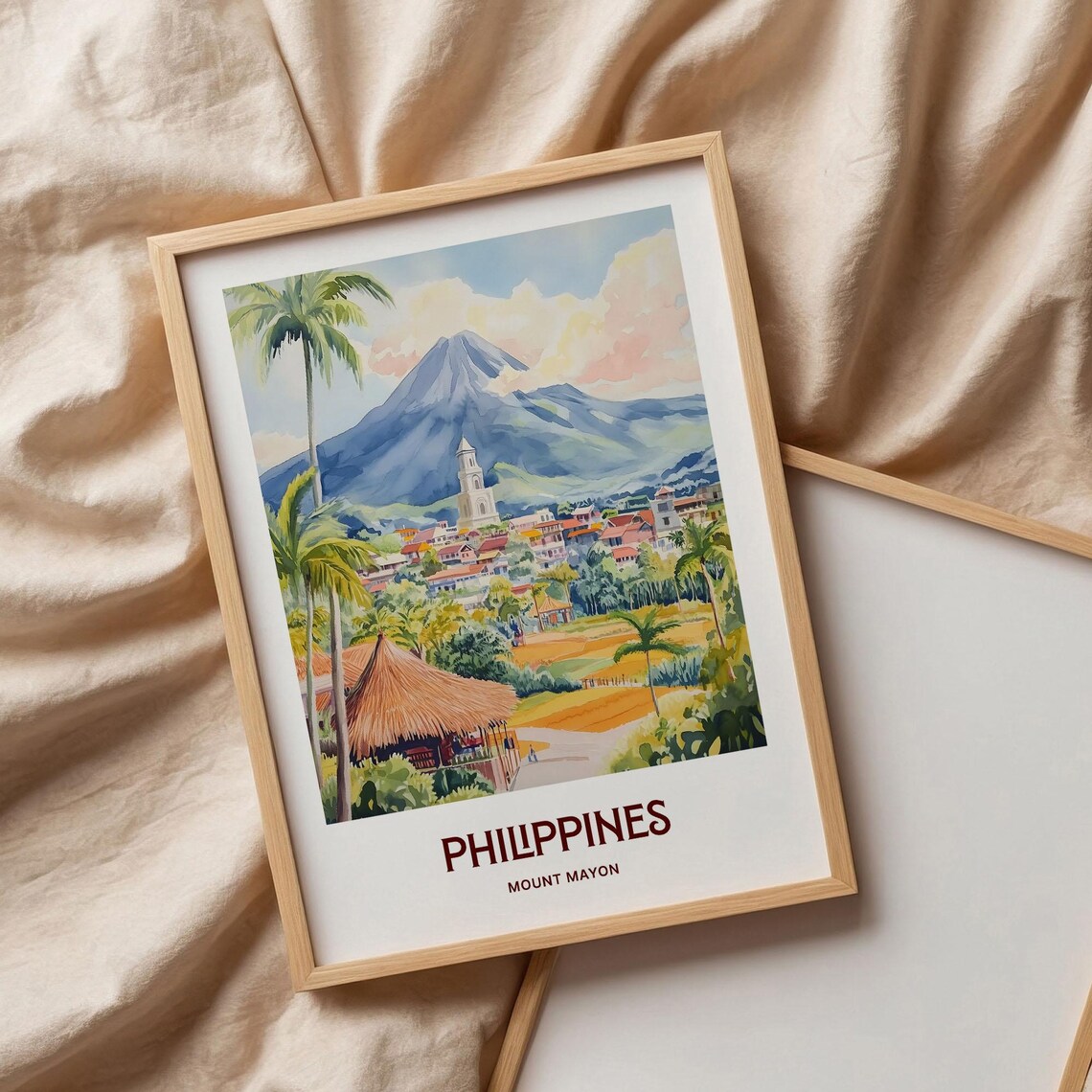 Philippines Mount Mayon Volcano Town Watercolor Travel Poster - Image 3
