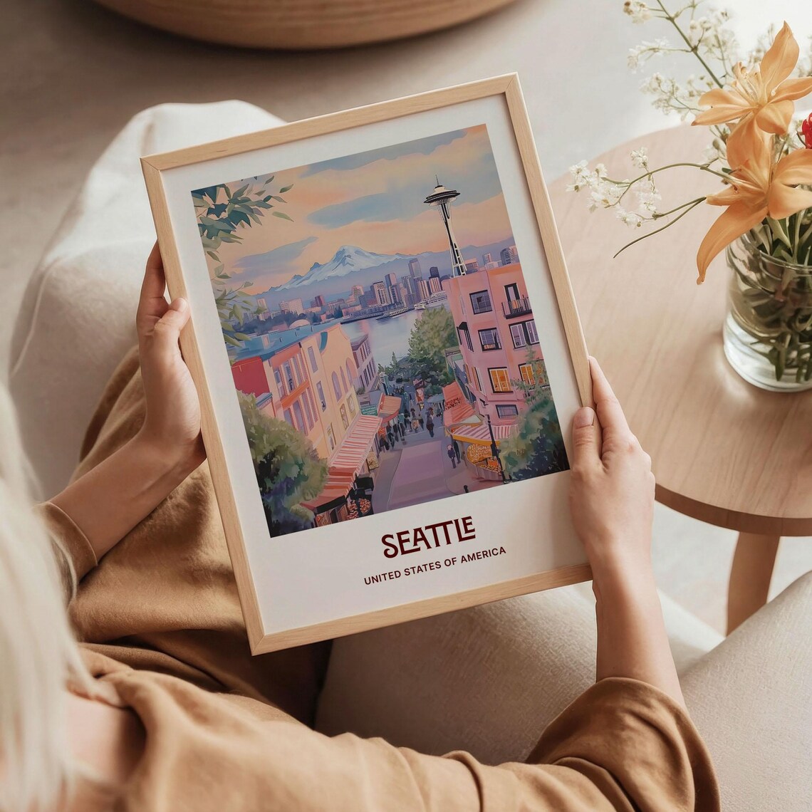 Seattle Space Needle Pike Place Market Skyline Watercolor Travel Poster - Image 5