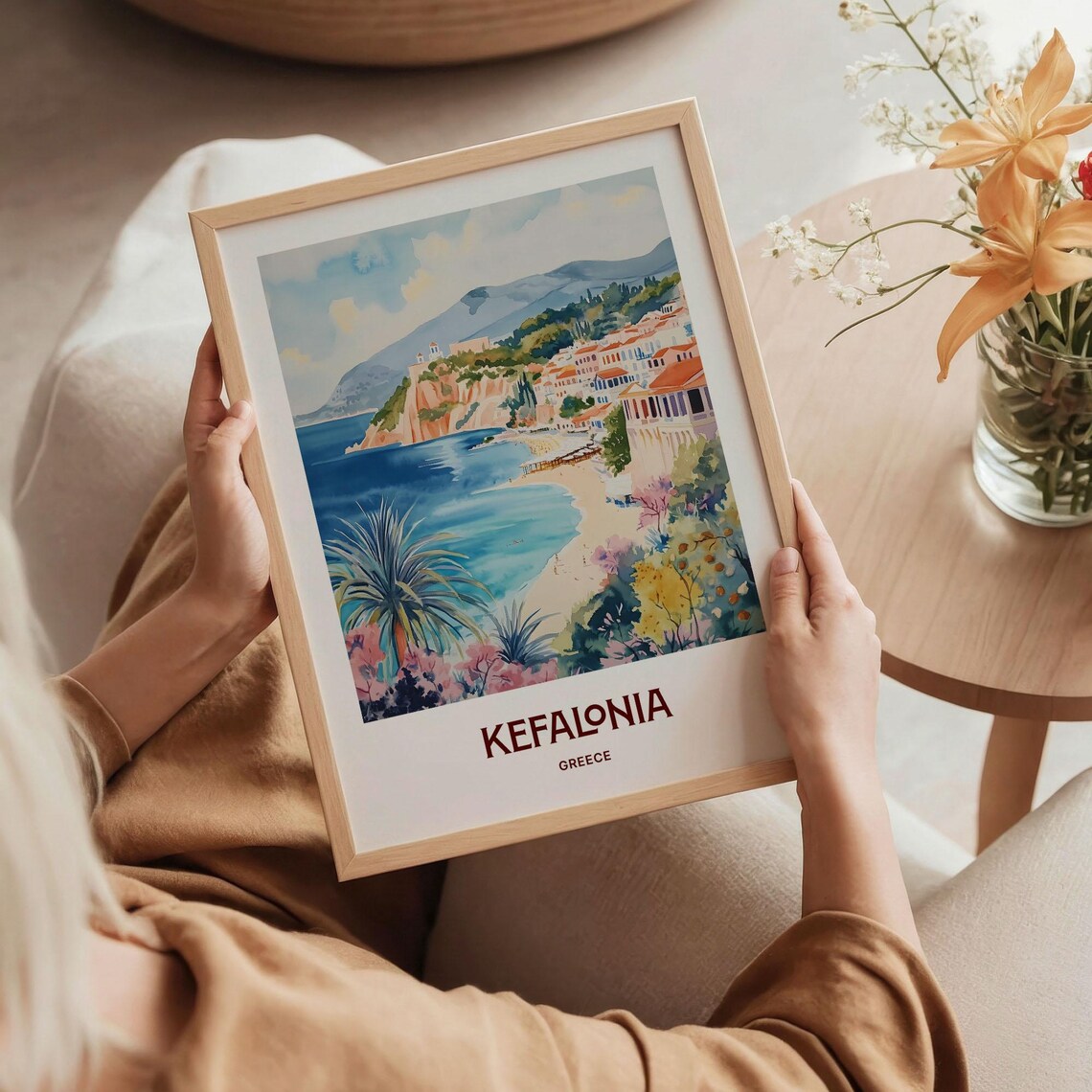 Kefalonia Greece Island Beach Cove Pastel Watercolor Art Poster - Image 5