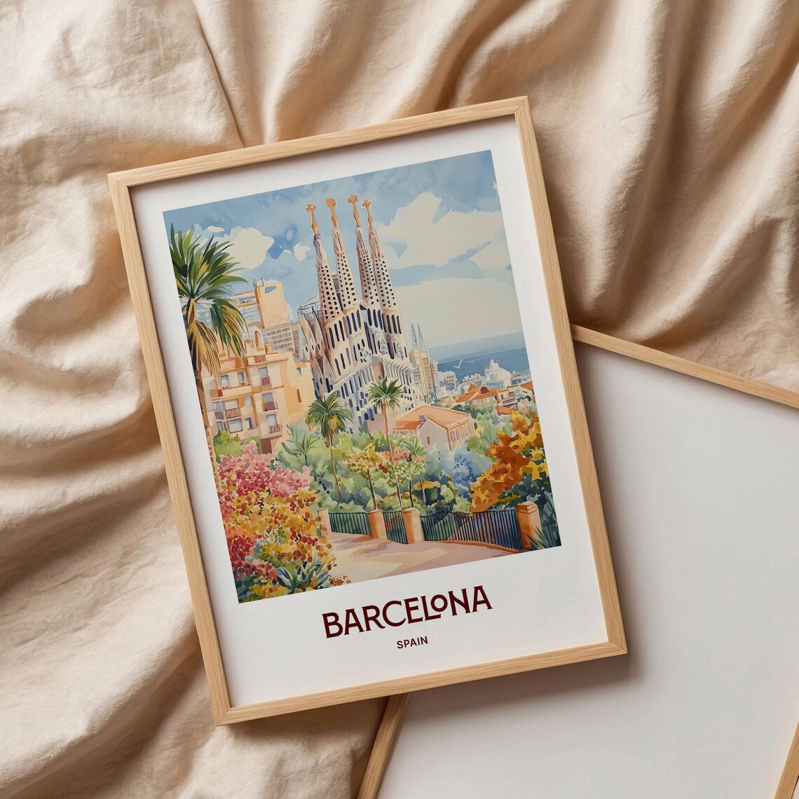 Barcelona Spain Pastel Sagrada Familia Palm Cityscape Poster - Image 3