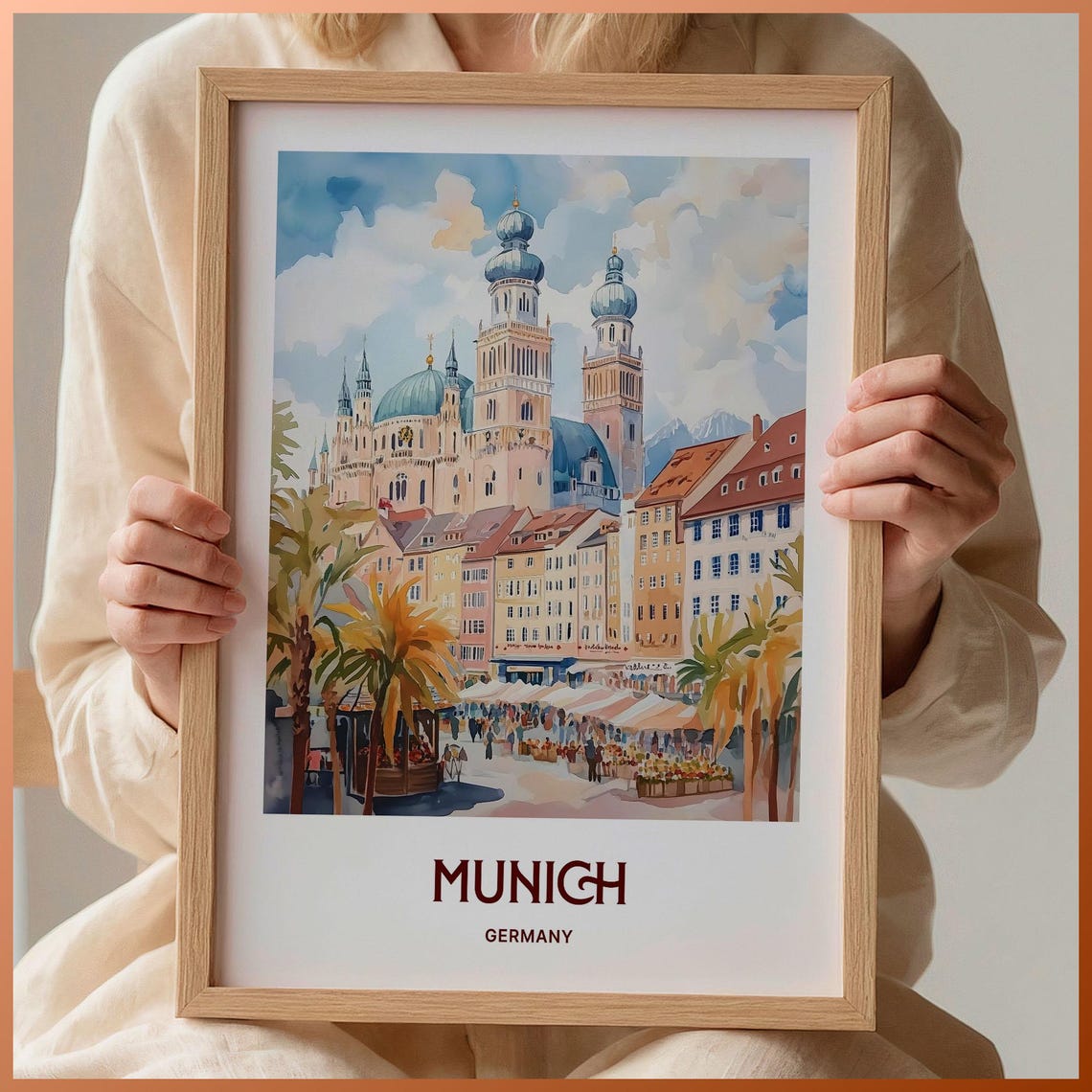 Munich Germany Old Town Watercolor Travel Poster Cathedral View