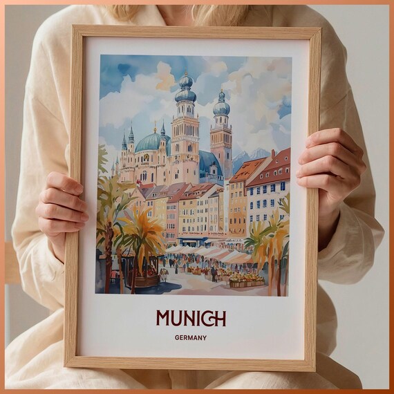 Munich Germany Old Town Watercolor Travel Poster Cathedral View